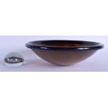 A STYLISH ART DECO DESIGN SMOKEY AMBER GLASS BOWL together with a small paperweight. 23 cm diameter