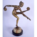 AN ART DECO EUROPEAN BRONZE FIGURE OF A DANCING GIRL modelled holding two tambourines. 25 cm high.