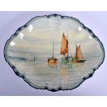 A RARE ROYAL CROWN DERBY PORCELAIN OVAL DISH probably by W E J Dean, painted with sailing boats. 26