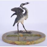 A 19TH CENTURY AUSTRIAN COLD PAINTED BRONZE ASHTRAY modelled as a stork upon an onyx plinth. 22 cm