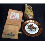 Two unusual hide handkerchief holders, studio pottery rabbit figure & plate
