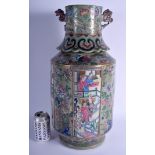 A LARGE 19TH CENTURY CHINESE FAMILLE ROSE CELADON VASE Qing, painted with figures and birds, 52 cm