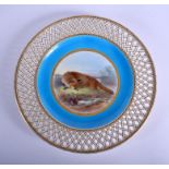 Late 19th c. Minton fine plate painted with a fox and rabbit under a turquoise and pierced border