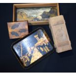 A Japanese Lacquered tray, together with two vintage boxes and a tray