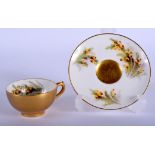 Royal Worcester miniature teacup and saucer painted with flowering Heathers by Hart, saucer signed