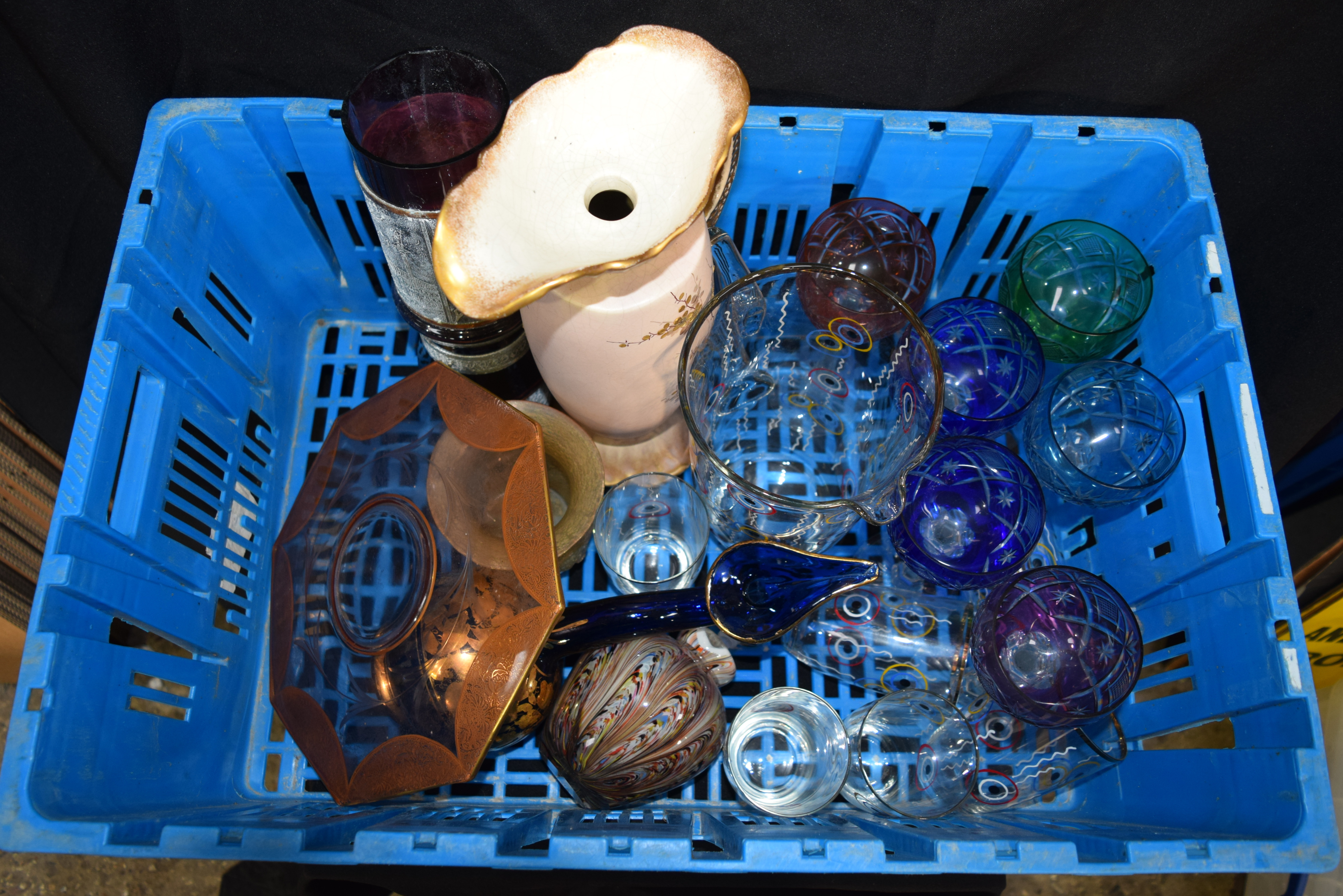 Large collection of coloured glass, decanters and porcelain (2)