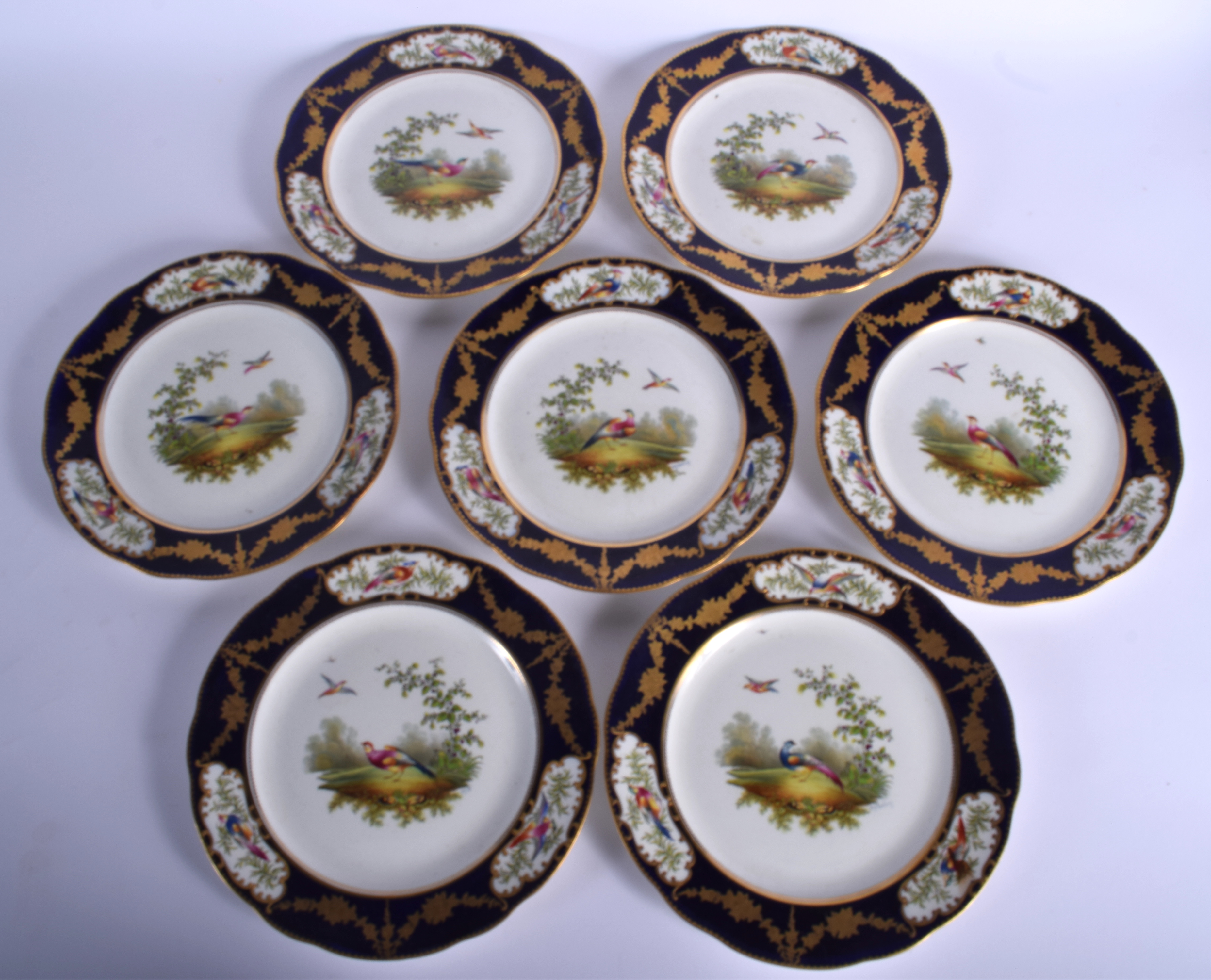 A SET OF SEVEN ANTIQUE AYNSLEY PORCELAIN CABINET PLATES painted with birds and landscapes. 22 cm di