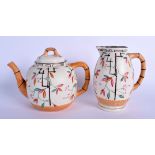 A 19TH CENTURY ENGLISH AESTHETIC MOVEMENT POTTERY TEAPOT together with a cream jug. 21 cm x 16 cm.