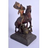 AN ANTIQUE EUROPEAN POLYCHROMED WOOD FIGURE OF SAINT GEORGE AND THE DRAGON modelled upon a wooden p