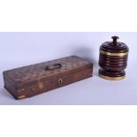 AN ANTIQUE TREEN LIGNUM VITAE STRING BOX AND COVER together with a brass inlaid box. Largest 27 cm