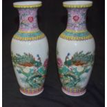 Pair of Famille rose vases with calligraphy and peacocks 31cm