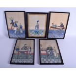 A GOOD SET OF FIVE 19TH CENTURY CHINESE PITH PAPER WATERCOLOURS Qing, formed with figures in interi