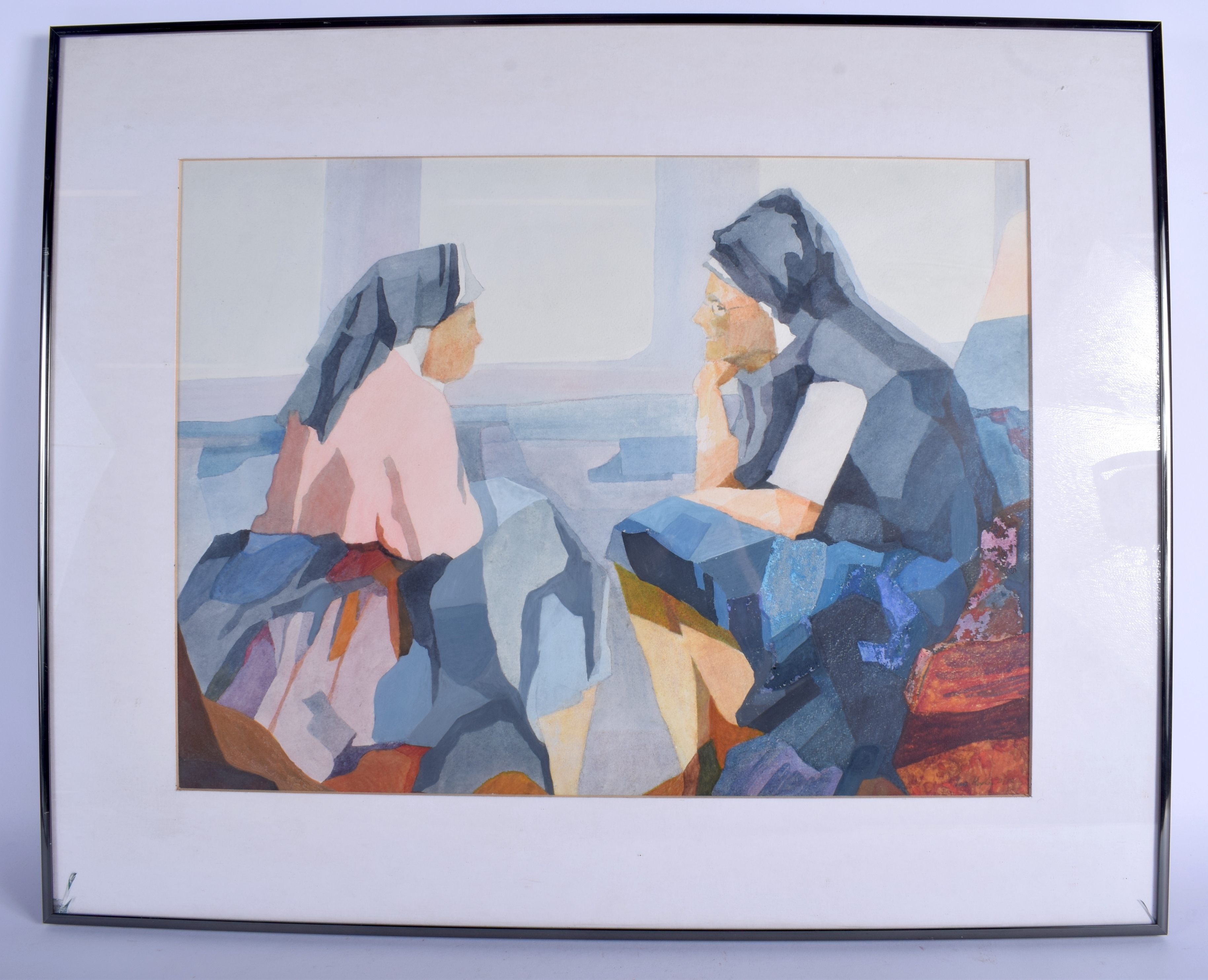 Ian Hopton (20th Century) Watercolour, Cubism, Nuns. Image 50 cm x 36 cm.