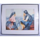 Ian Hopton (20th Century) Watercolour, Cubism, Nuns. Image 50 cm x 36 cm.