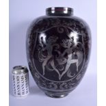 A VERY LARGE HEAVY ART DECO PURPLE SILVER PAINTED GLASS VASE decorated with dancing females in vari