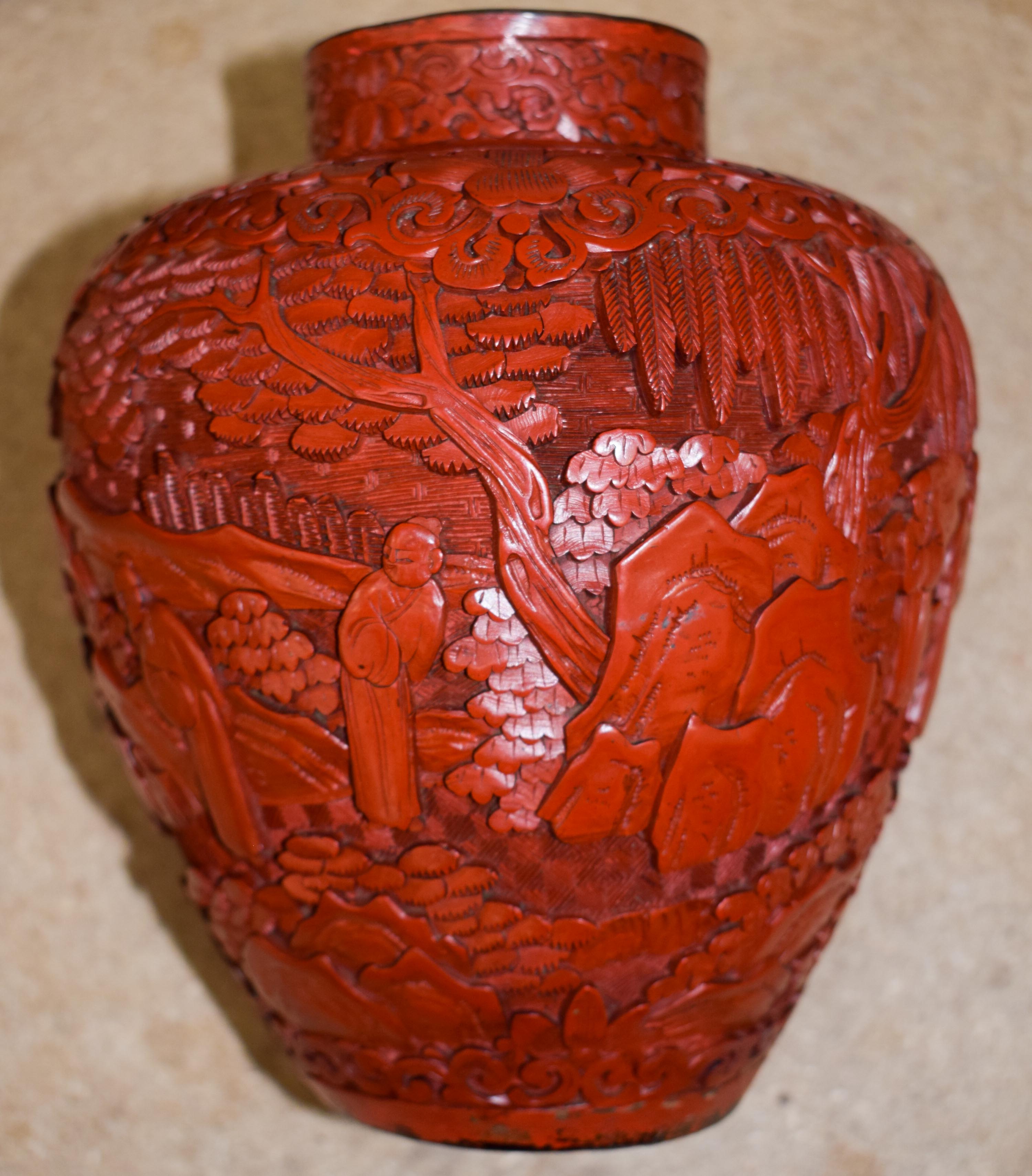A RARE 19TH CENTURY CHINESE CARVED CINNABAR LACQUER VASE AND COVER Qing, upon a fitted stand. 37 cm - Image 5 of 20