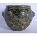 A CHINESE CARVED JADE JARDINIERE 20th Century, carved with dragons. 14 cm x 14 cm.