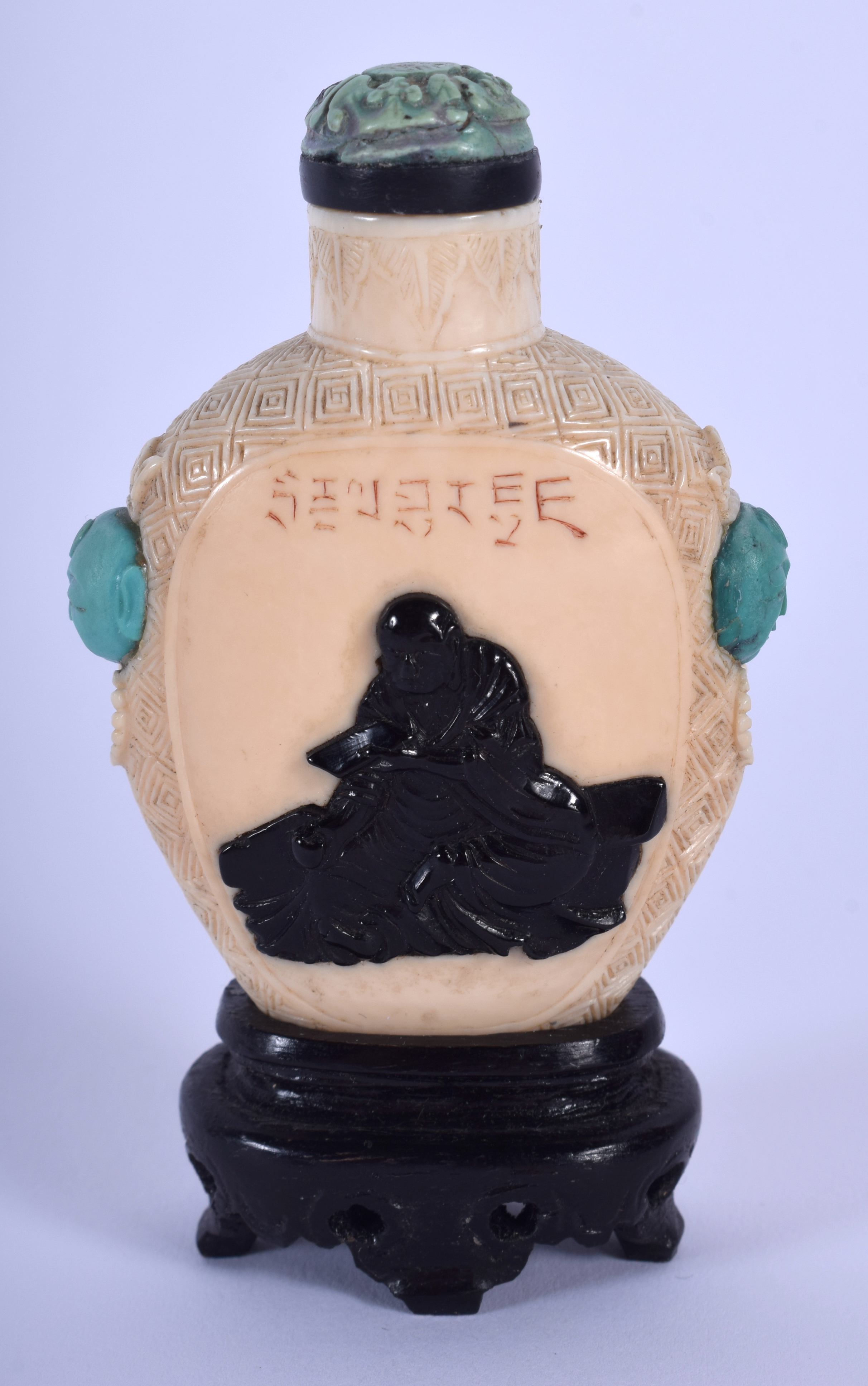 A RARE 19TH CENTURY CHINESE CARVED IVORY SNUFF BOTTLE AND STOPPER possibly embellished in Japan wit