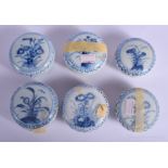 SIX CHINESE CA MAU CARGO PORCELAIN COSMETIC BOXES AND COVERS painted with flowers. 6.5 cm diameter.