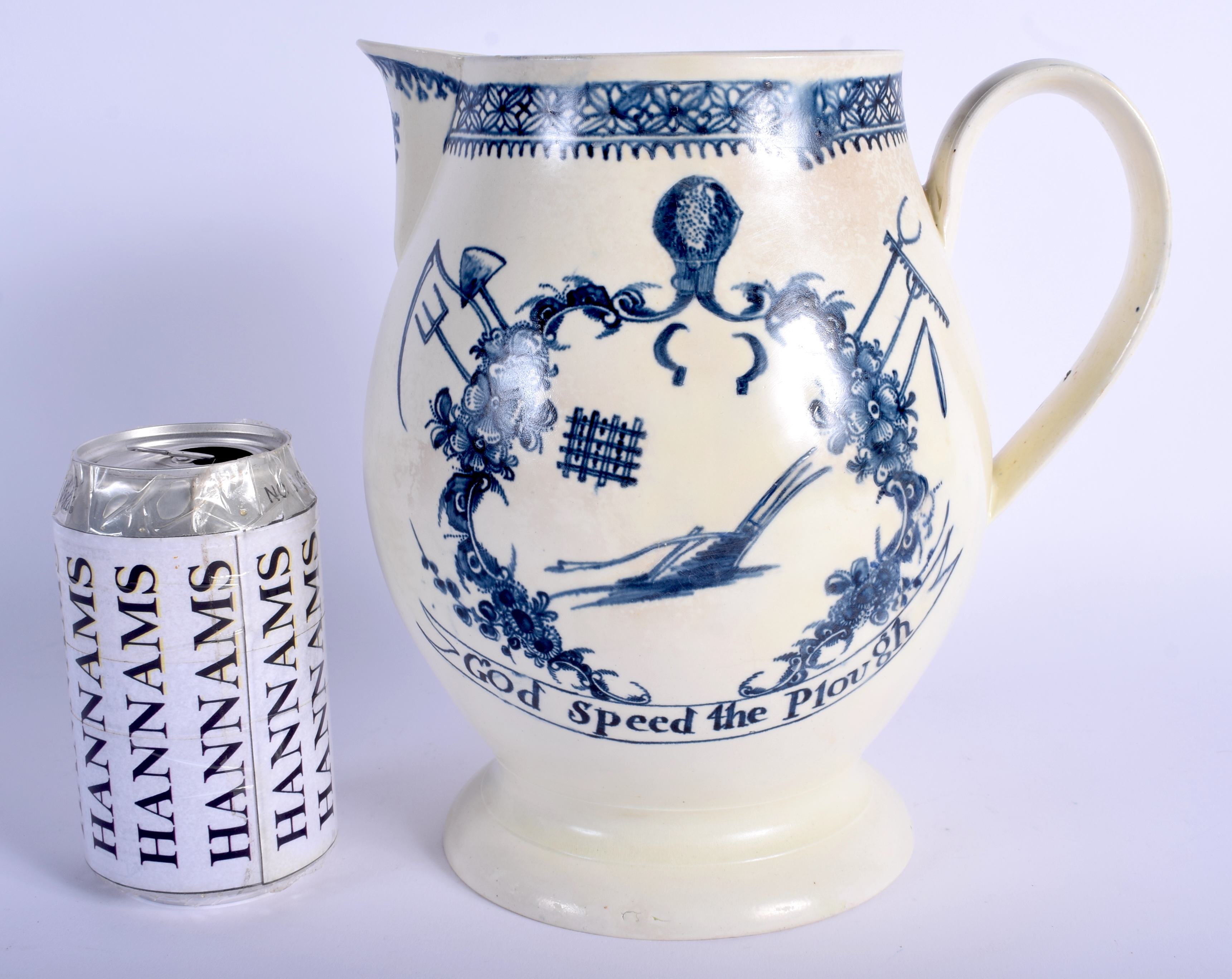 AN 18TH CENTURY STAFFORDSHIRE BLUE AND WHITE CREAMWARE JUG C1777 William Evans. 22 cm x 18 cm.