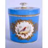 A 19TH CENTURY EUROPEAN PORCELAIN BLUE GLAZED PRESERVE JAR AND COVER Sevres style, painted with bir