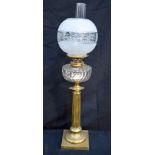 A Victorian Oil Lamp on a brass column 78cm