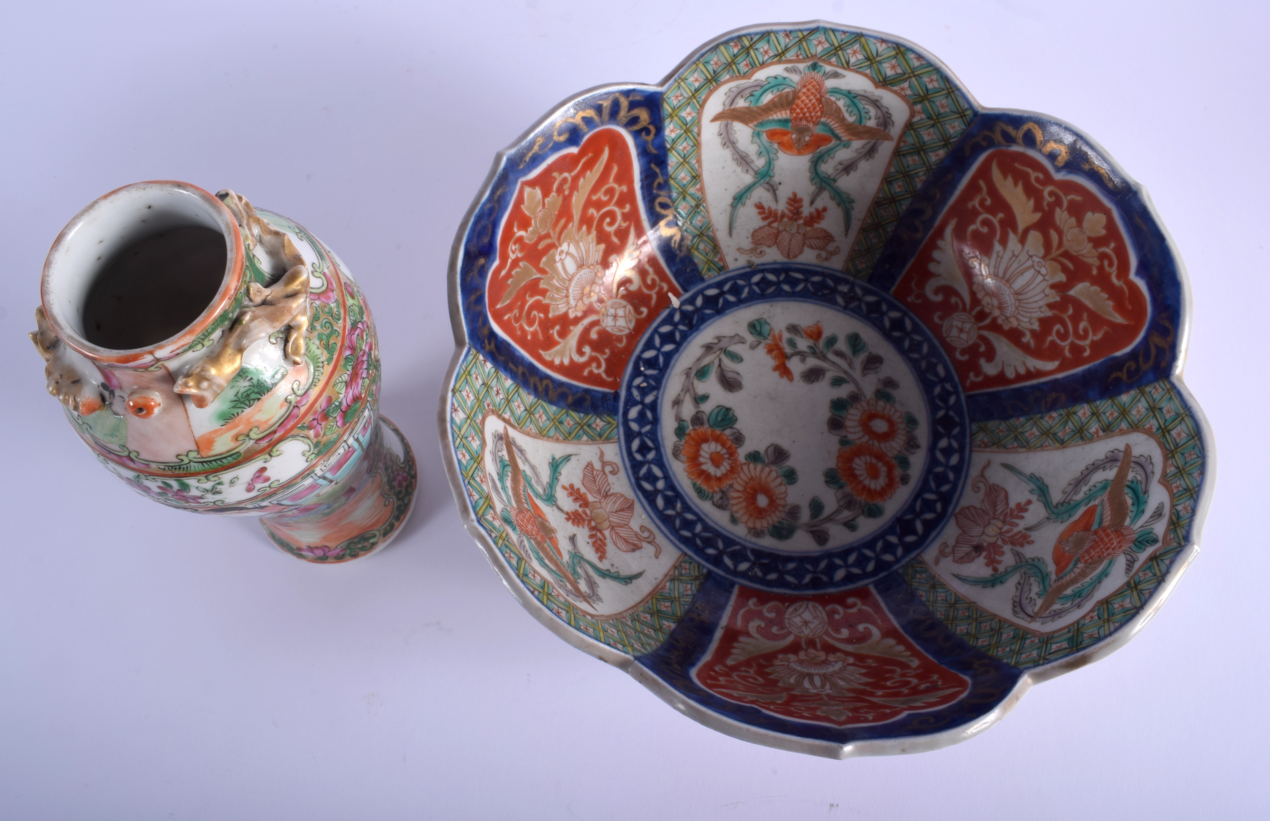 A 19TH CENTURY JAPANESE MEIJI PERIOD IMARI BOWL together with a canton famille rose vase. Largest 2 - Image 3 of 4