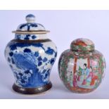 A 19TH CENTURY CHINESE BLUE AND WHITE GINGER JAR together with a Canton ginger jar. Largest 22 cm h