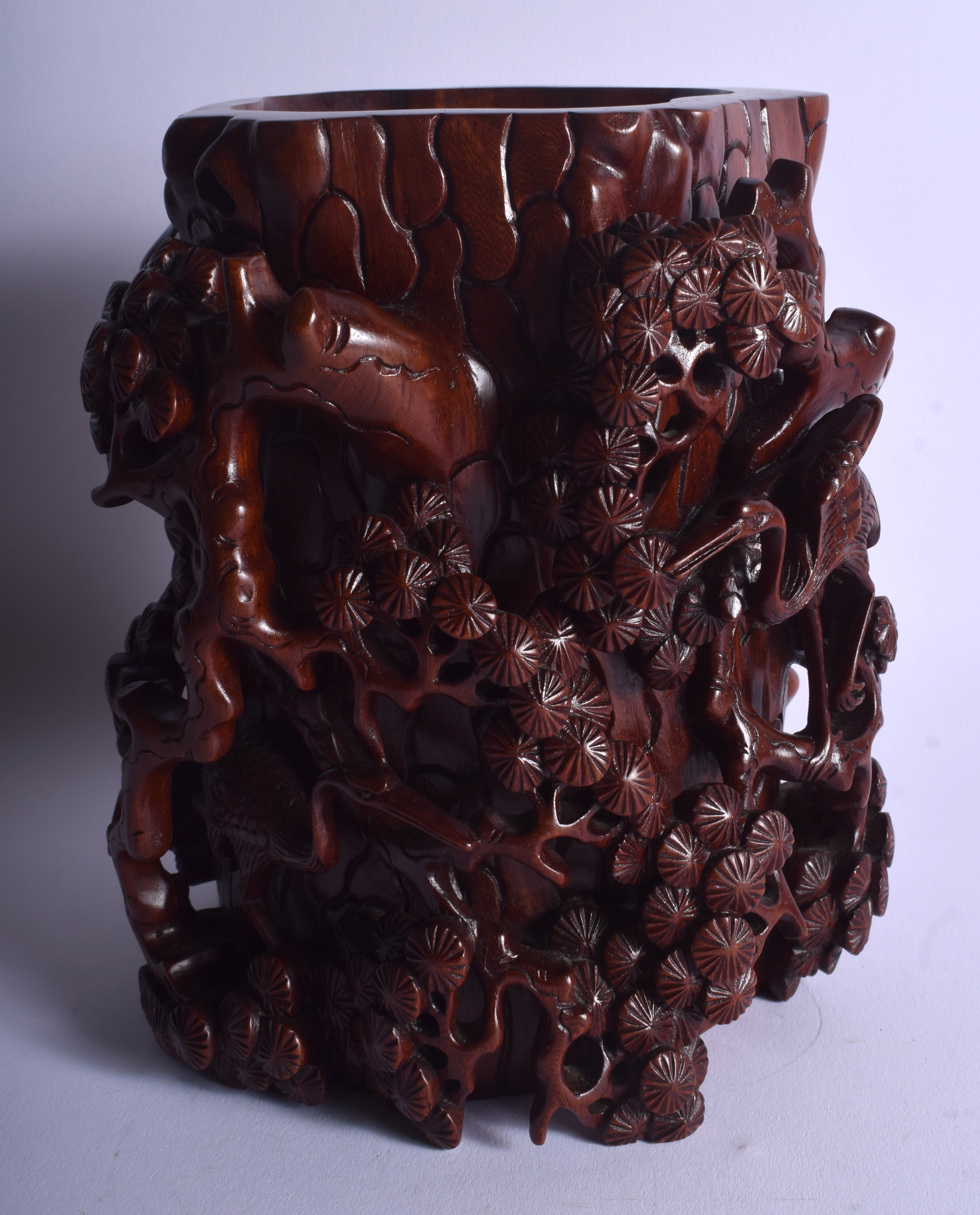 AN EARLY 20TH CENTURY CHINESE CARVED HARDWOOD BRUSH POT Late Qing/Republic, decorated with birds am
