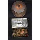 Vintage wooden Tea Caddy (with lining) together with a collection of coins