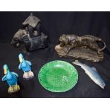 Miscellaneous group Stone elephant, two blue Chinese ducks, plate etc