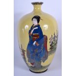 A 19TH CENTURY JAPANESE MEIJI PERIOD CLOISONNE ENAMEL VASE decorated with geisha. 25.5 cm high.