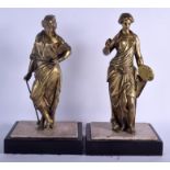 A LARGE PAIR OF 18TH/19TH CENTURY EUROPEAN BRONZE FIGURES modelled as standing females upon marble