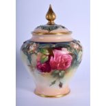 Royal Worcester pot pourri and cover moulded with coloured clays in Hadley style painted with roses