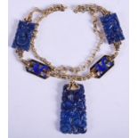 A STYLISH 14CT GOLD ENAMEL AND LAPIS LAZULI NECKLACE painted with dragons. 24.1 grams. 40 cm long.
