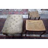 Three wooden Foot Stools (2 wicker and another upholstered)