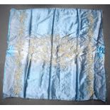 AN ANTIQUE TURKISH SILVER THREAD BLUE SILK CURTAIN PANEL decorated with foliage. 83 cm x 88 cm.