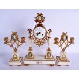 A LATE 19TH CENTURY FRENCH MARBLE AND BRASS CLOCK GARNITURE inset with Wedgwood medallions. Mantel