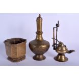 A 19TH CENTURY MIDDLE EASTERN INDIAN BRONZE CENSER together with an oil lamp etc. Largest 16 cm hig