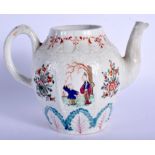Liverpool moulded teapot painted with panels of oriental figures or flowers. 13Cm high