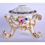 Meissen pot pourri urn and cover on three feet painted with flowers in gilded cartouche under a fe