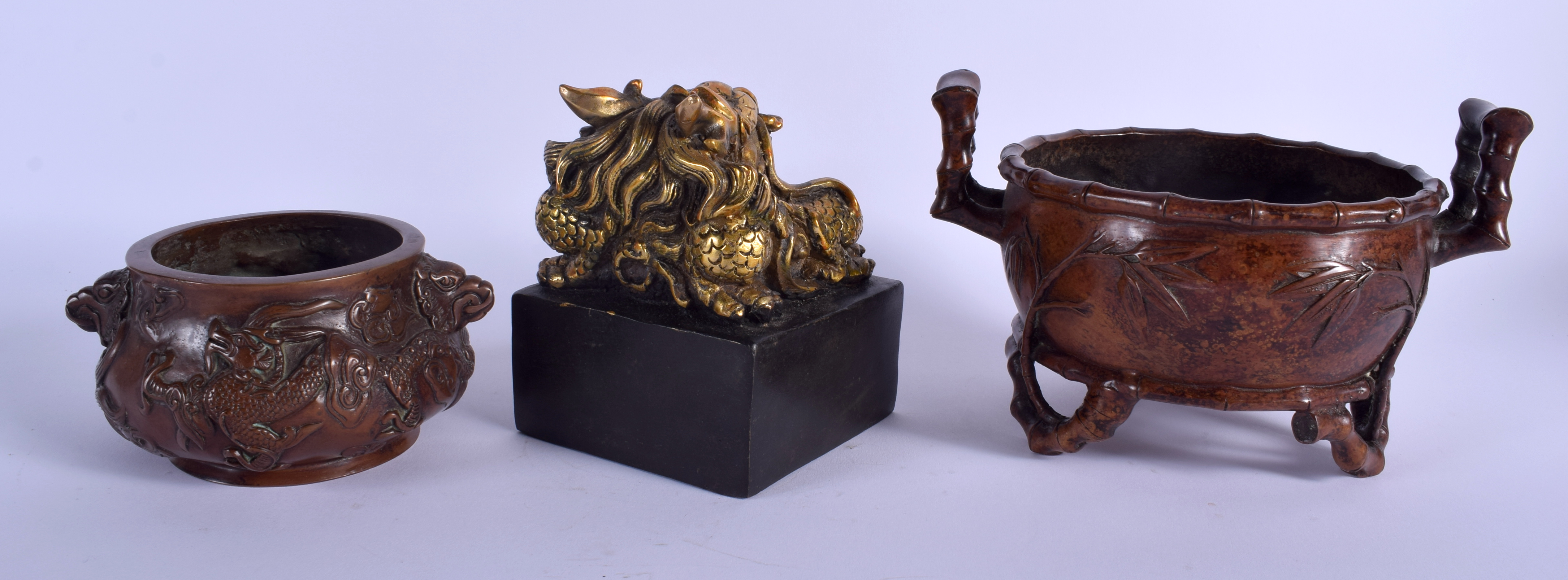 A CHINESE TWIN HANDLED BAMBOO FORM BRONZE CENSER 20th Century, together with a censer & seal. Large - Image 2 of 3