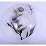 A LOVELY EUROPEAN IRIDESCENT GLASS DISH decorated with dragonflies and foliage. 33 cm diameter.