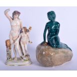 AN ITALIAN NAPLES PORCELAIN FIGURE together with a Copenhagen mermaid. Largest 19 cm x 12 cm. (2)