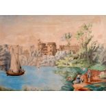 European School (18th Century) Watercolour, Castle by the river. Image 35 cm x 25 cm.
