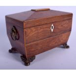 AN EARLY 19TH CENTURY ROSEWOOD TEA CADDY with brass mounts. 20 cm x 15 cm.