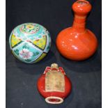 Chinese Red ground Globular vase and two other Chinese vases