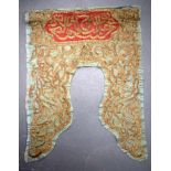 AN OTTOMAN ISLAMIC SILK EMBROIDERY decorated with gilded scripture. 76 cm x 64 cm.