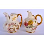Royal Worcester flat a back jug painted with flowers on an ivory ground c. 1899 and a another Royal