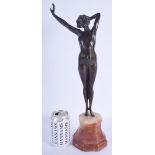 A LARGE ART DECO BRONZE FIGURE OF A STANDING LADY modelled upon an octagonal base. Bronze 37 cm hig